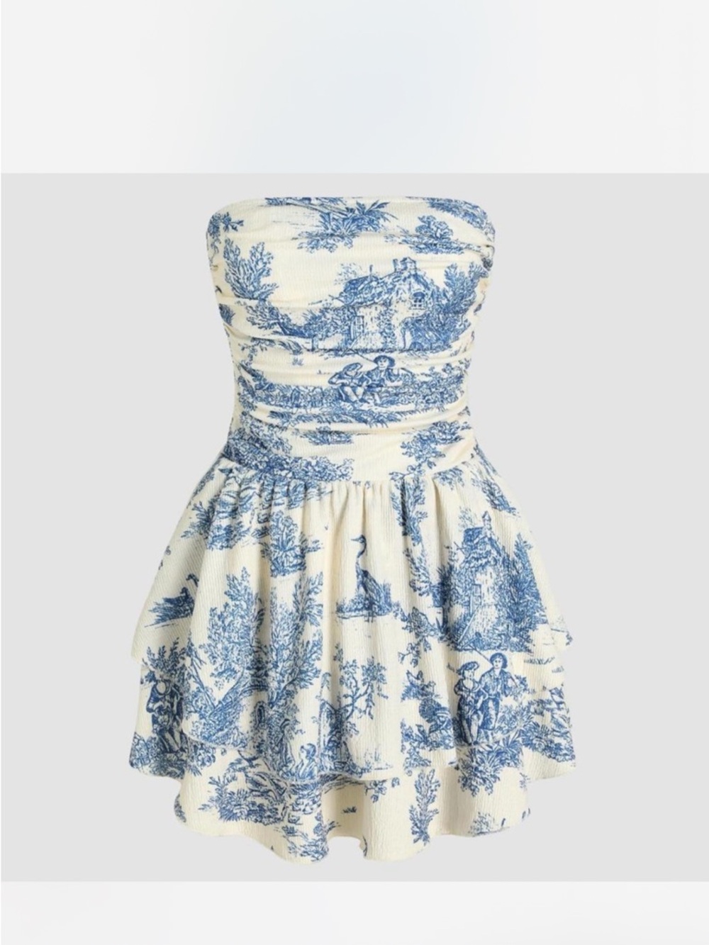 Cider Strapless Toile Print Mini Dress in Blue and Cream